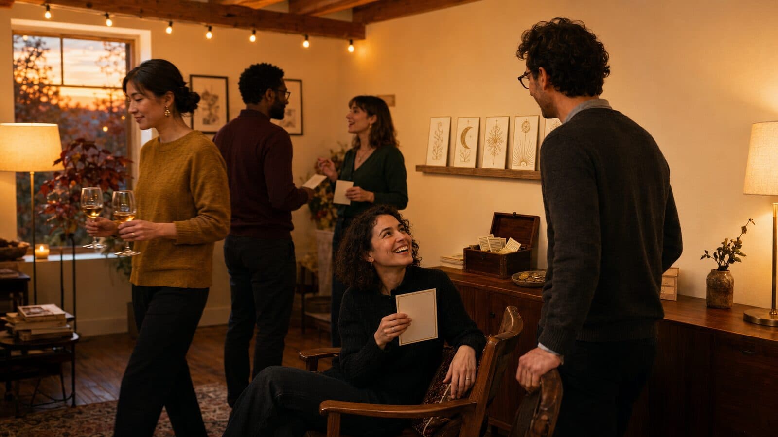 Des créateurs rassemblés autour d'une table en bois la nuit, des cartes disposées comme un tirage de tarot — la communauté de créateurs de Skills payants de socialistic.ai.