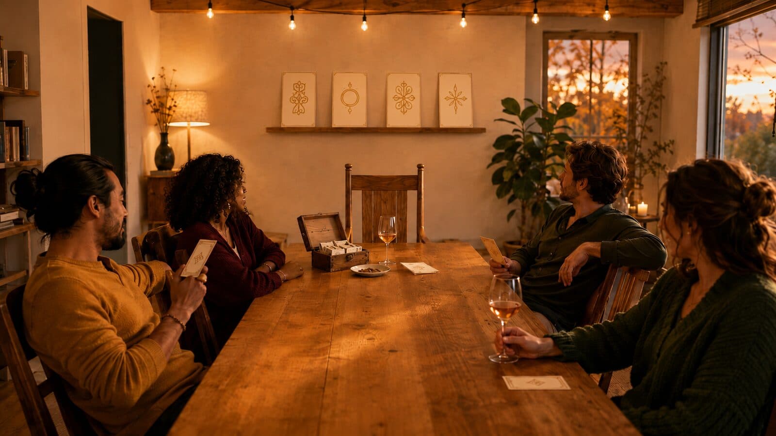 Quatre lecteurs autour d'une table en bois la nuit, chacun tenant la même carte de skill — et une chaise de créateur vide en bout de table, attendant celui qui publiera le prochain.