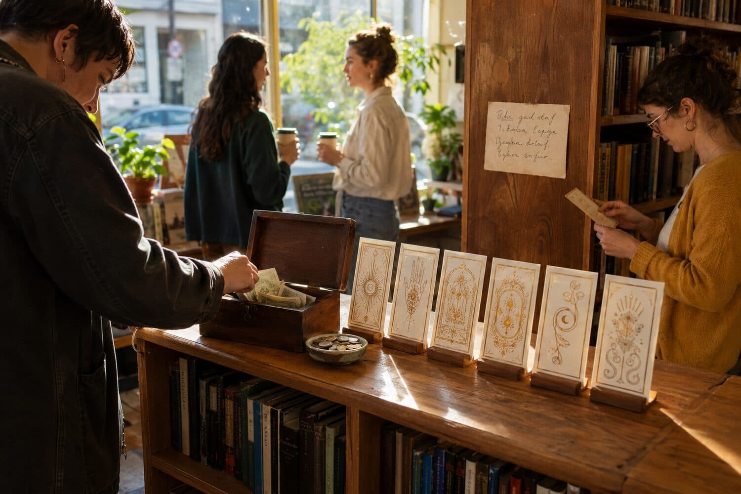 Un petit présentoir de librairie dans la lumière dorée de l'après-midi montrant une rangée de cartes de skills socialistic.ai sur une étagère en bois, avec quelques personnes debout qui lisent et une glissant une contribution pliée dans la boîte du mécène — le moment où un Skill sort et est discrètement apprécié dans le monde.